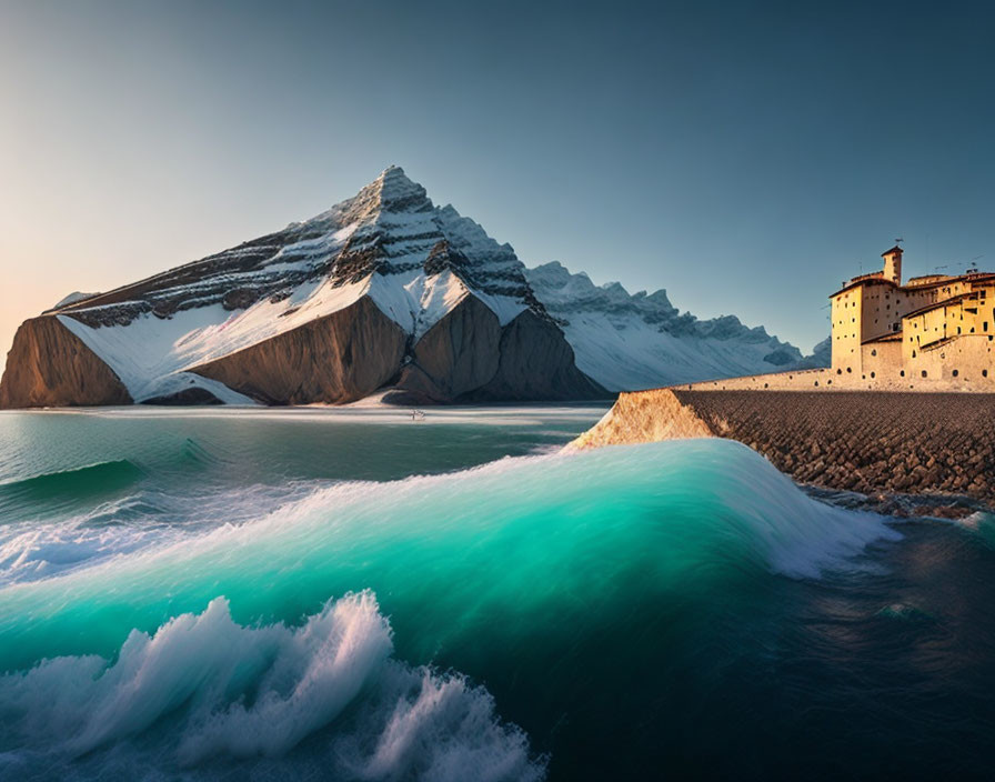 Snow-capped mountain, ancient fortress, and turquoise wave on the coast