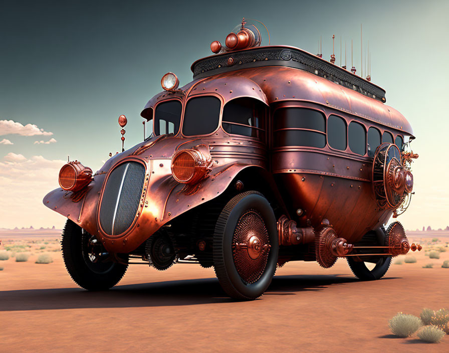 Retro-futuristic copper bus with Victorian and steampunk design in desert landscape