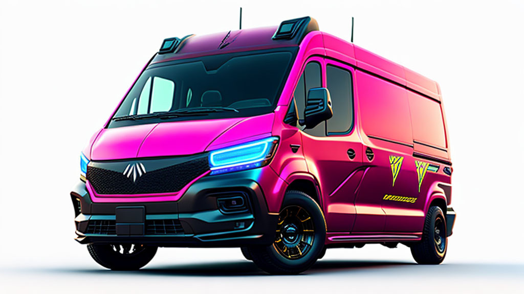 Futuristic pink and purple van with neon accents on white background