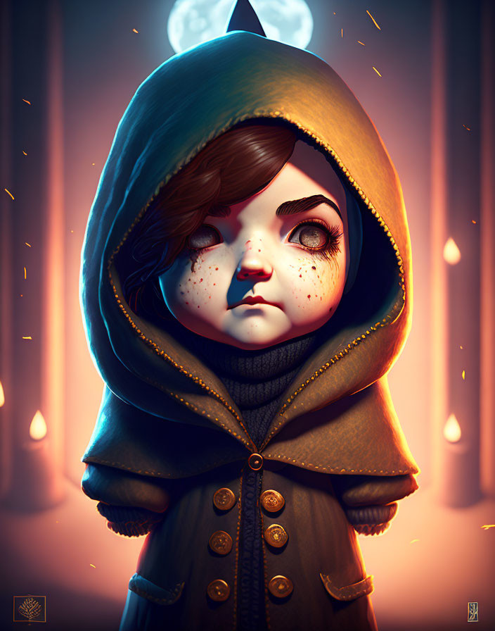 Illustration of girl in hooded cloak with large eyes and freckles in candlelit setting