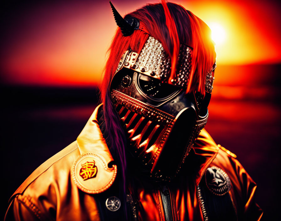 Red-haired person in futuristic mask and golden jacket against blazing sunset