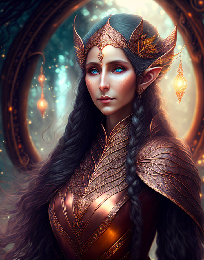 Blue-eyed fantasy elf in gold leaf crown and armor with braided hair against ornate circular backdrop