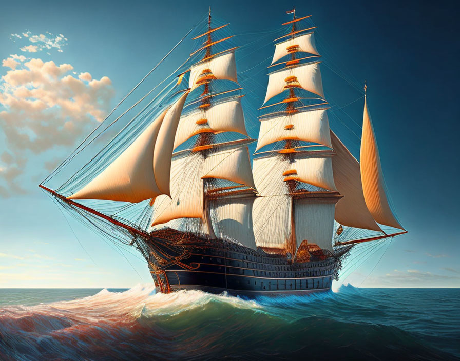 Tall ship with fully unfurled sails at sea under vibrant sky