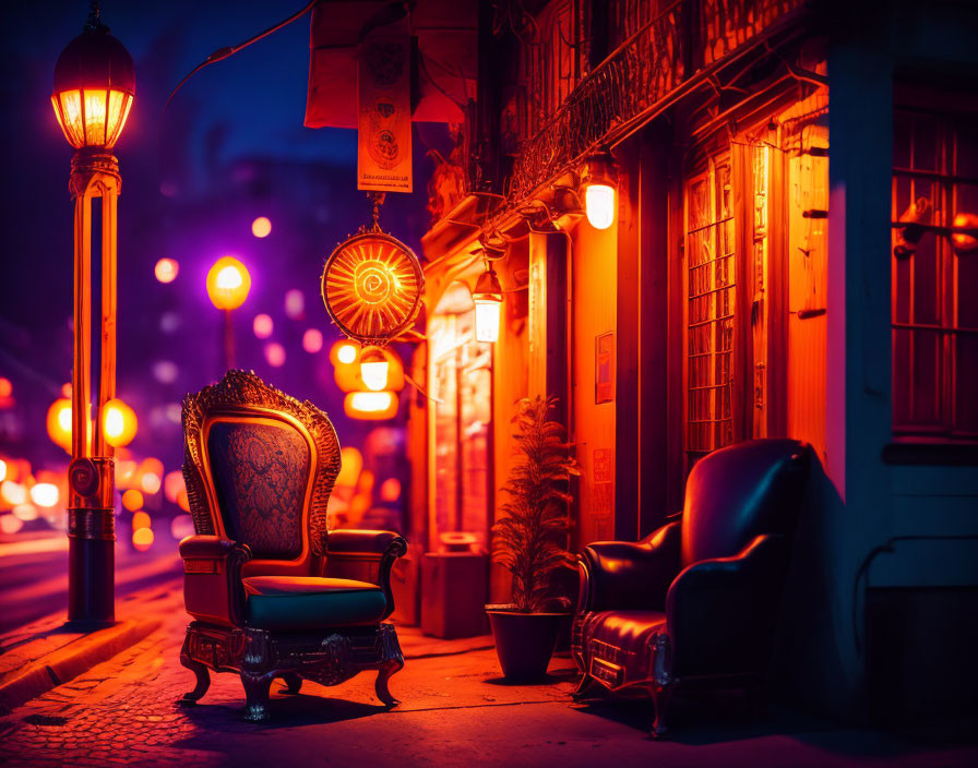 Night scene of vintage armchairs on cobbled street with glowing lamps & building facade.