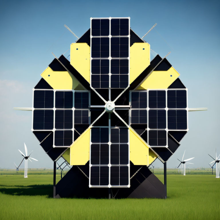 Windmill with solar panel blades in grassy field - hybrid renewable energy concept