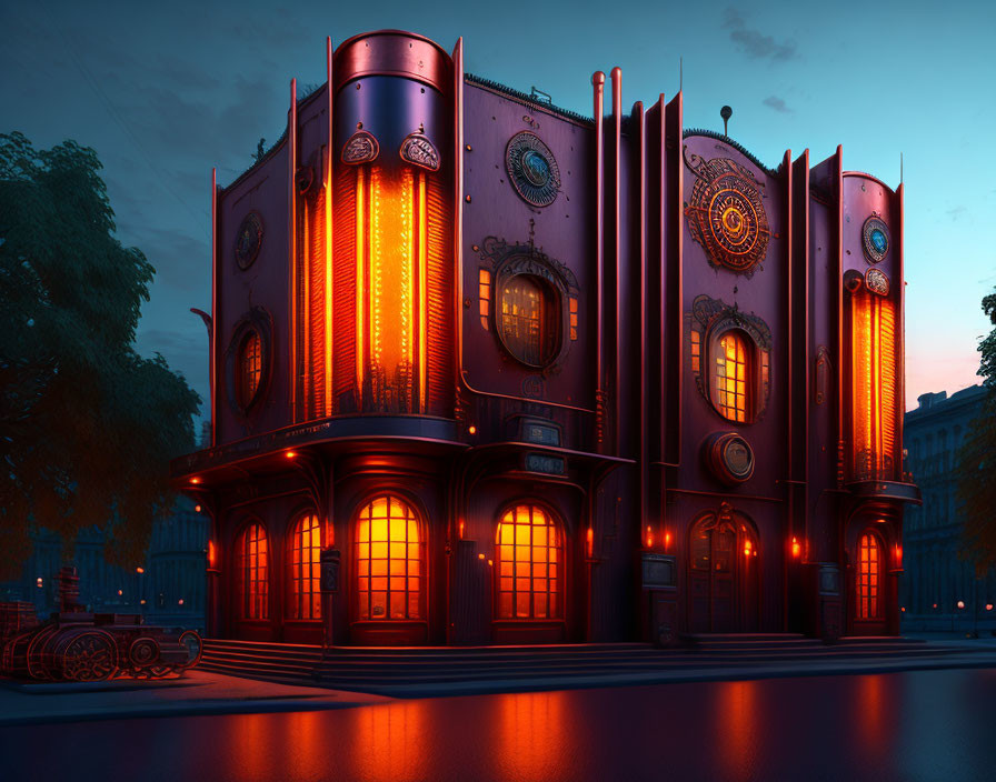 Vibrant steampunk-style building with glowing orange windows and metallic pipes