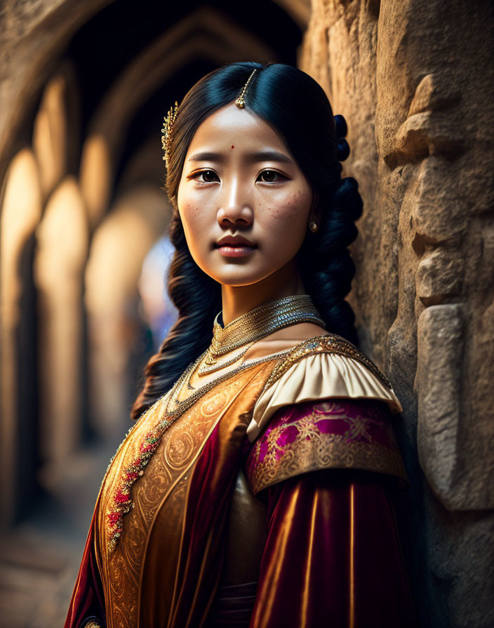 Medieval woman in golden diadem standing in stone archway