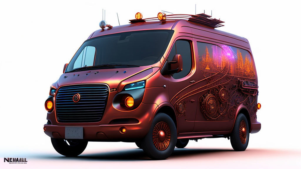 Red Van with Decorative Patterns and Glowing Wheels on White Background