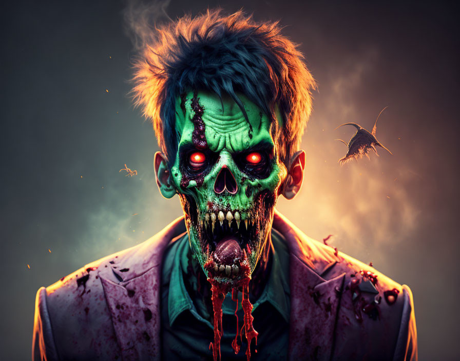 Grotesque zombie with glowing eyes and decaying green skin snarling in the dark