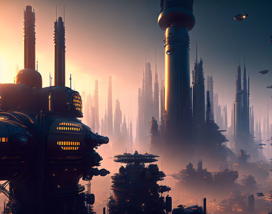 Futuristic cityscape with towering skyscrapers and flying vehicles