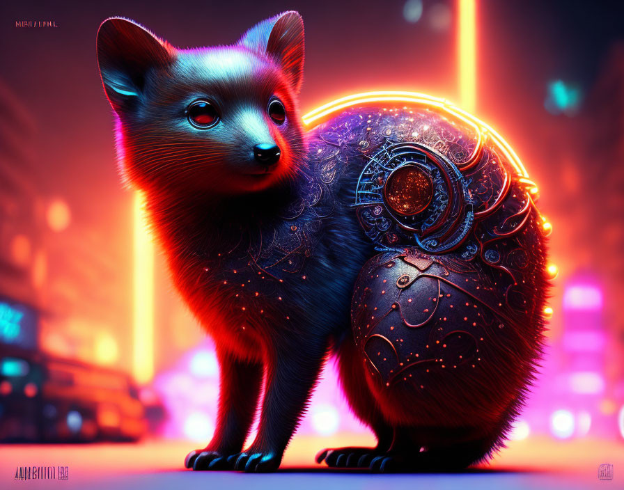 Stylized neon-lit fox with ornate glowing shell in urban nightscape