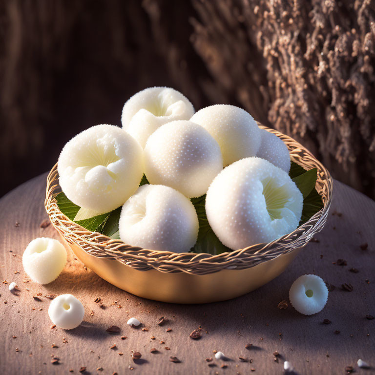 Round white sweets like Indian Rasgulla on textured background under warm light