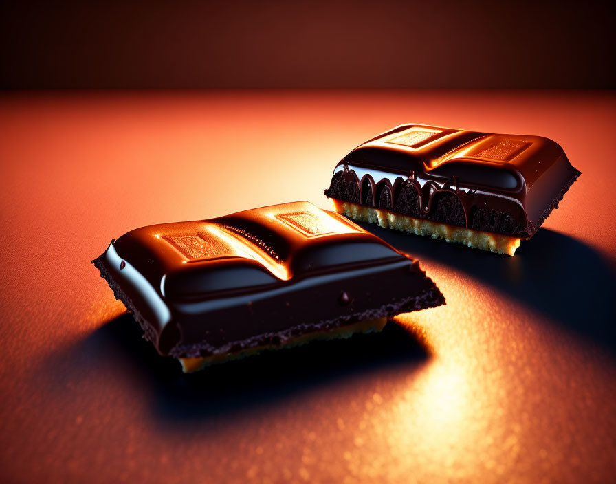 Dark and milk chocolate bars with caramel on orange background under dramatic lighting.