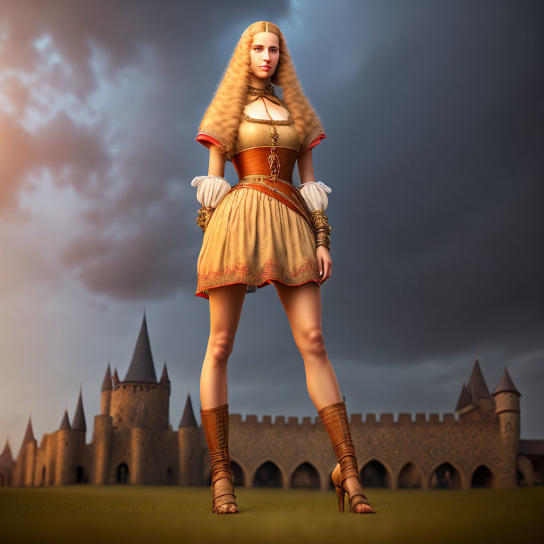 Female Warrior in Historical Attire Stands Before Castle at Dusk