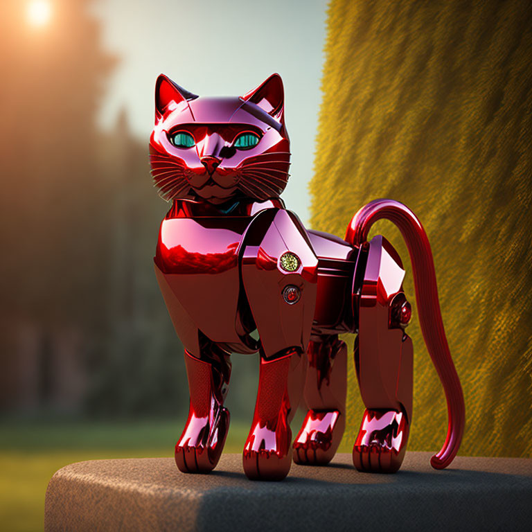 Shiny Red Robotic Cat with Glowing Eyes on Platform