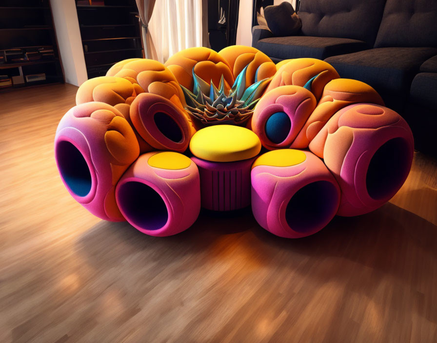 Colorful Flower-Shaped Sofa with Petal Cushions and Yellow Stool in Cozy Room