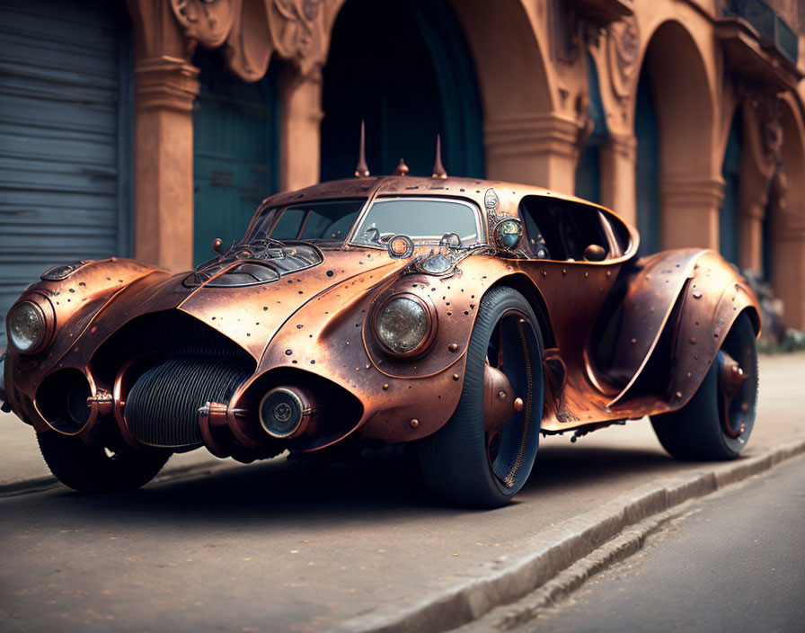 Steampunk vintage car with copper details on old city street