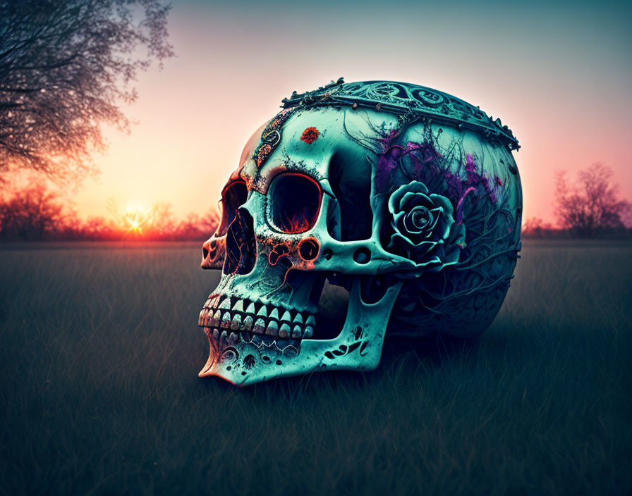 Floral-patterned skull with rose, mystical sunset ambiance