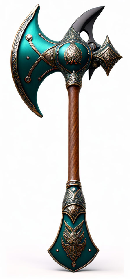 Detailed Fantasy Axe with Wooden Handle & Green Inlays