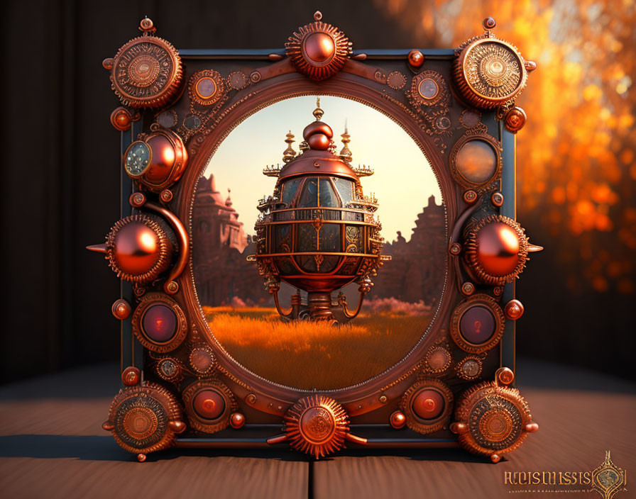 Steampunk-style frame with spherical structure in autumnal forest.