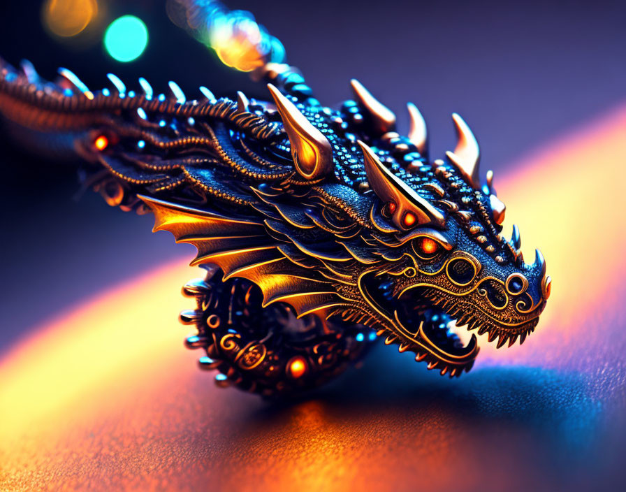 Metallic dragon sculpture with intricate details under blue and orange light