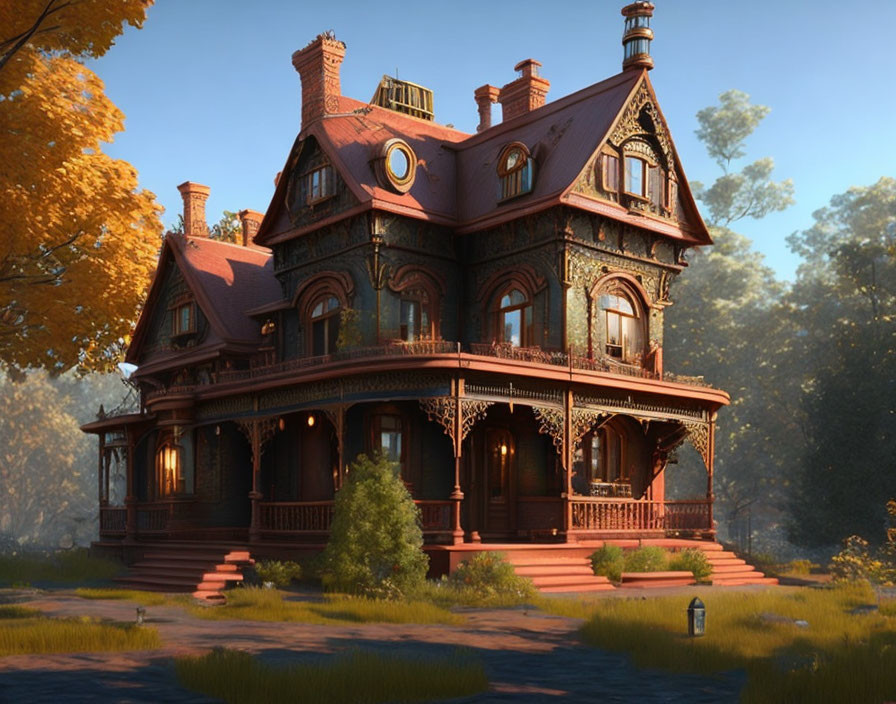 Victorian-style house with turrets and intricate woodwork in sunset light