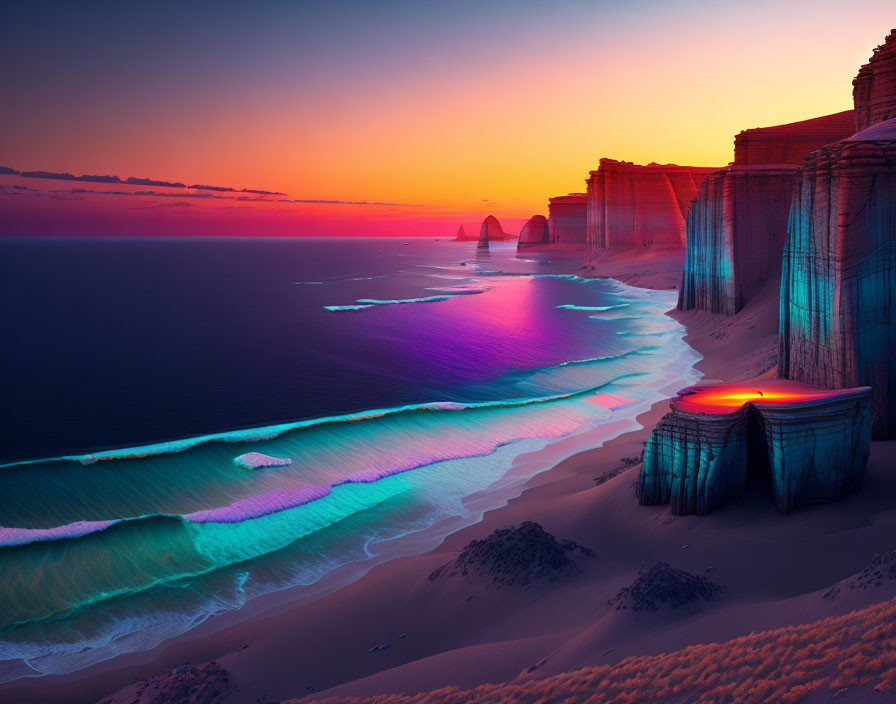 Vivid purple and orange sunset over beach cliffs and rock formations