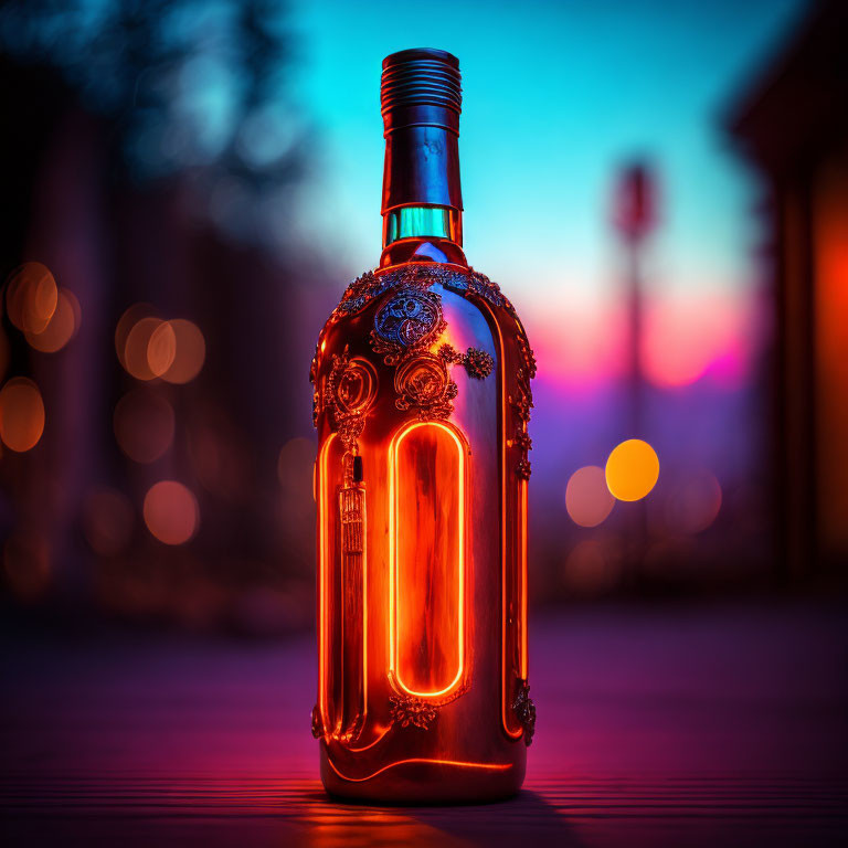 Empty ornate glass bottle glowing against blue and purple bokeh background