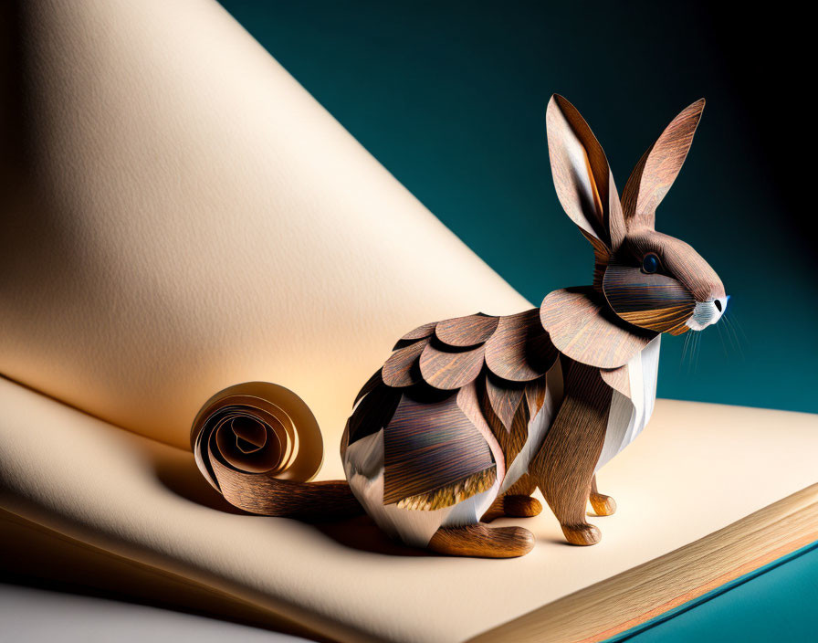 Paper art rabbit with wooden texture on open book against blue and brown backdrop