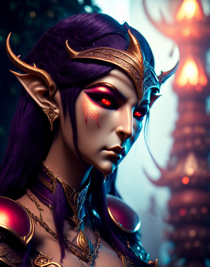 Detailed Fantasy Character Illustration: Purple Skin, Red Eyes, Elaborate Gold & Purple Armor