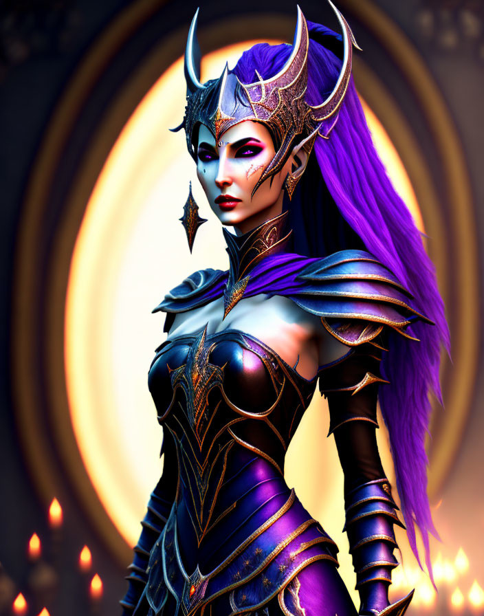 Fantasy female character in dark armor with purple hair