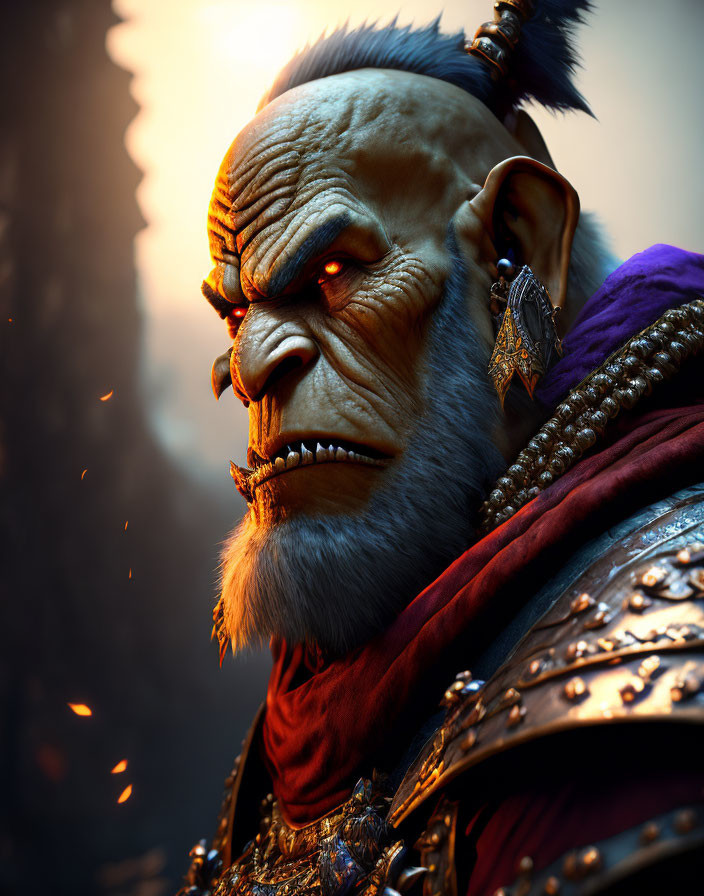 Detailed digital artwork: orc with sharp teeth, earrings, armor, fiery backdrop