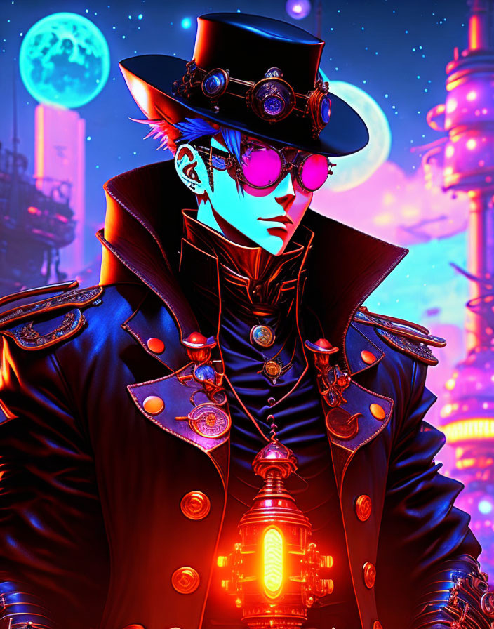 Steampunk character with top hat and lantern in neon cityscape