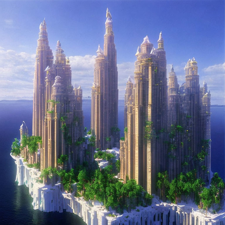 Fantastical island city with golden spires perched on a cliff