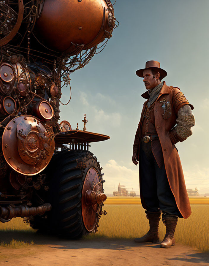 Cowboy hat man with steampunk contraption in field