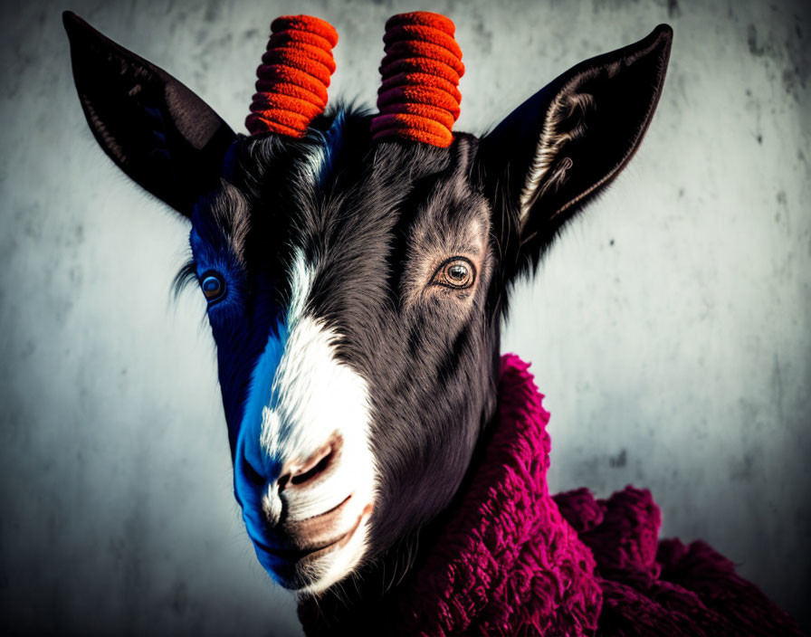 Blue-eyed goat with orange spiral horns and purple garment.