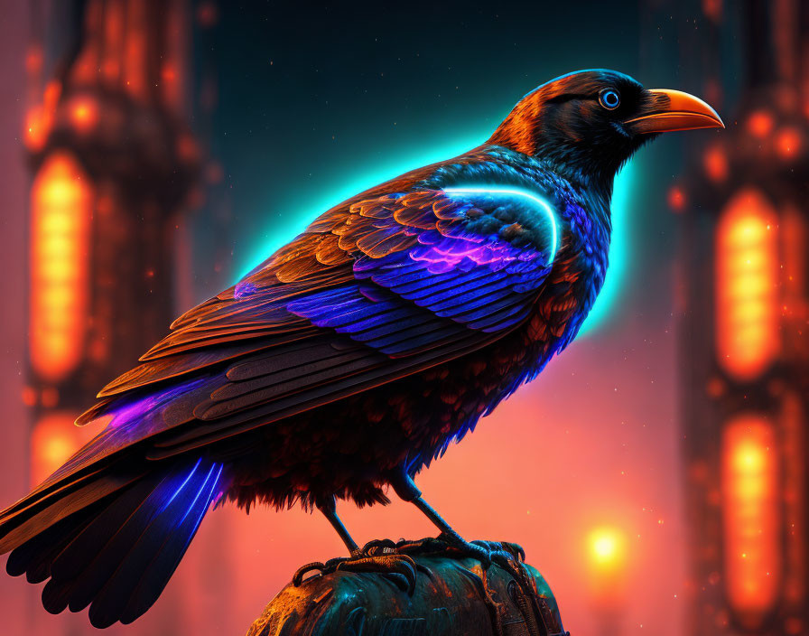 Iridescent crow on orange pillars under starry sky