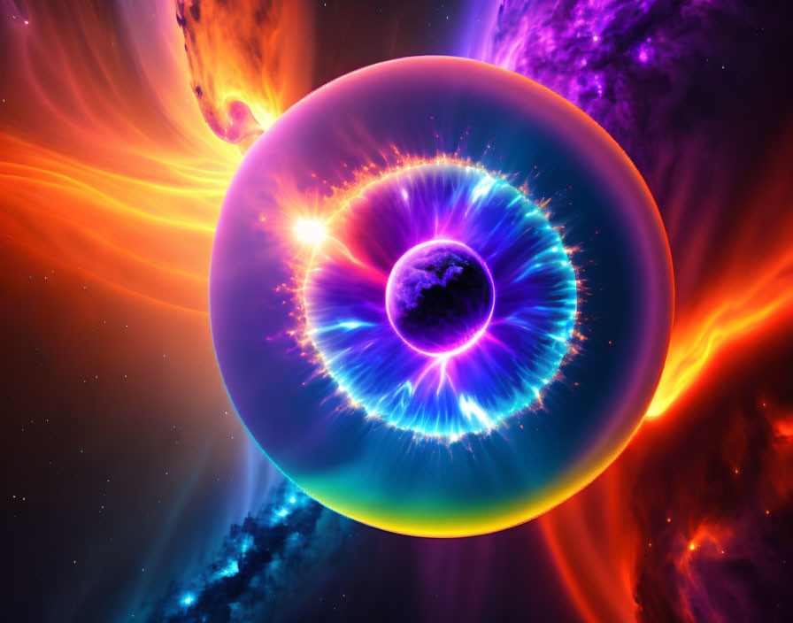 Colorful cosmic eye-like structure against swirling nebula background