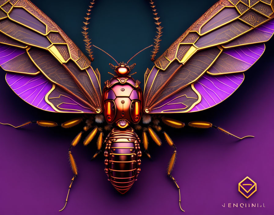 Detailed Digital Artwork: Mechanical Insect with Red & Gold Body, Purple Translucent Wings