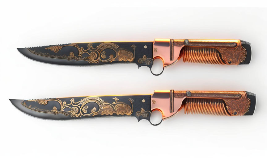 Ornate folding knives: black blades, gold scrollwork, copper-toned handles