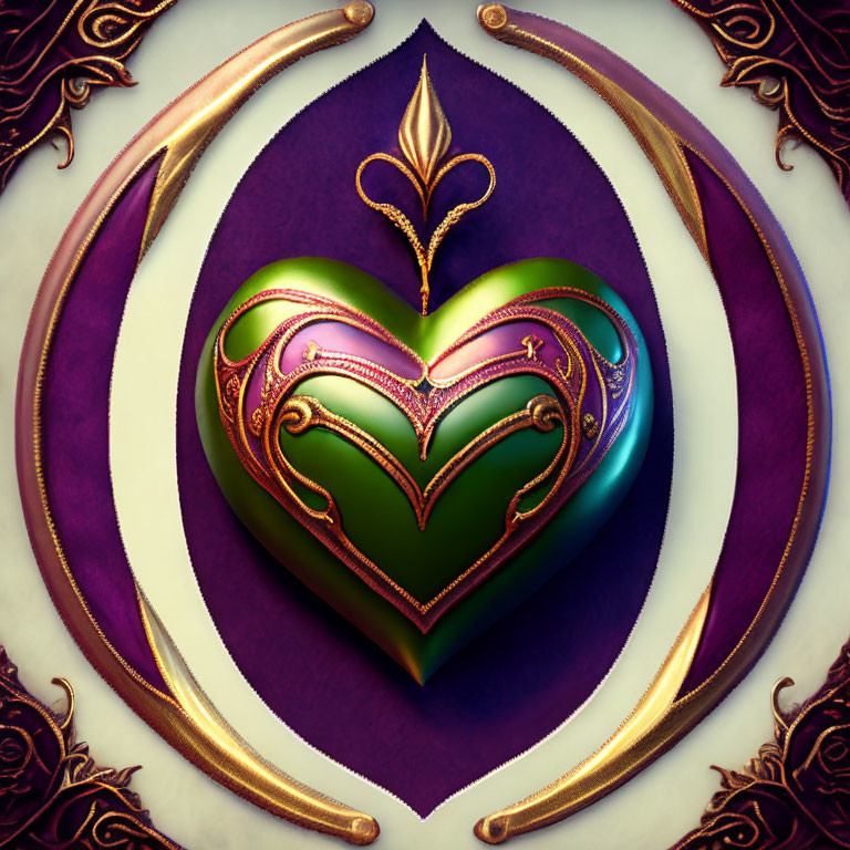 Intricate Gold Embellished Heart on Patterned Background