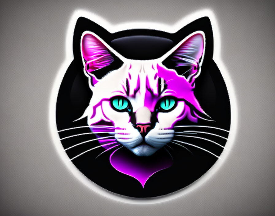 Stylized cat face with blue eyes in pink and white fur on black and purple background