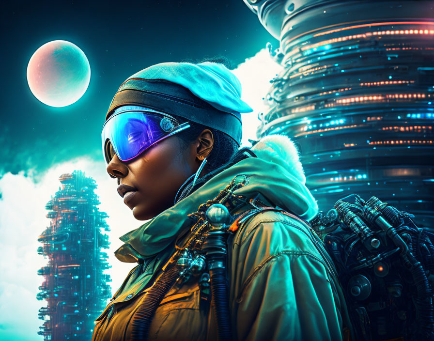 Futuristic traveler with glowing goggles and high-tech backpack in neon-lit cityscape