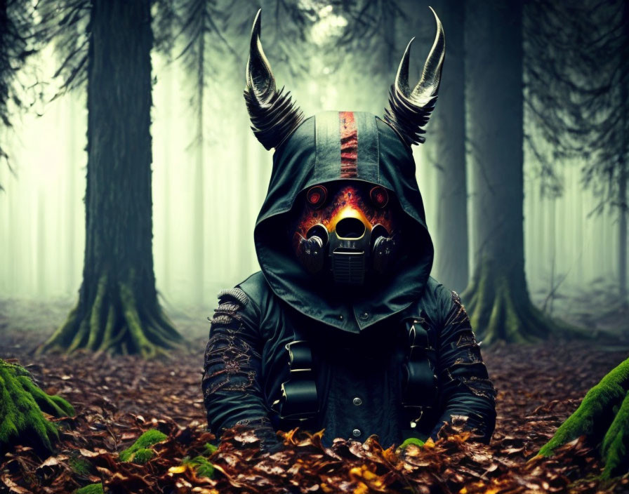 Mysterious figure in horned mask in foggy forest