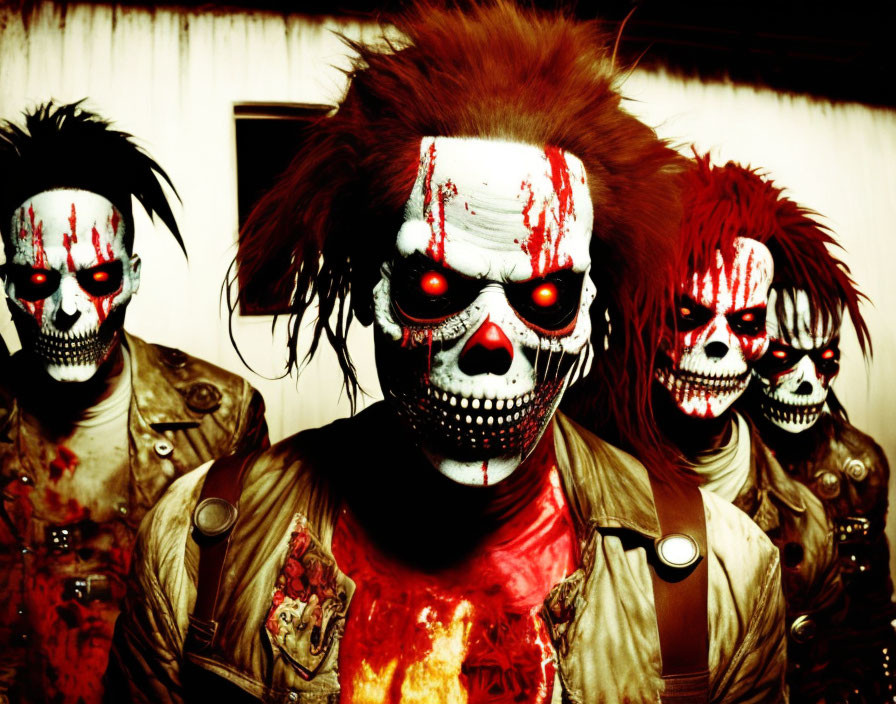 Three people in scary clown makeup with bright red eyes and disheveled hair in grungy jackets