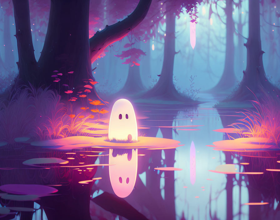 Ghostly Figure in Mystical Forest with Vibrant Colors and Glowing Foliage