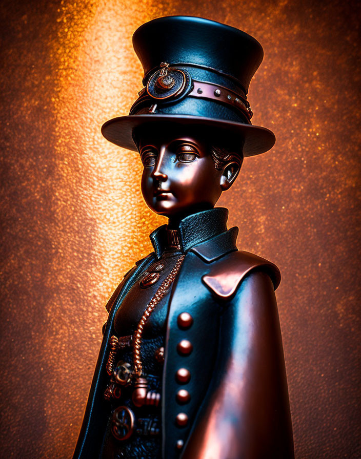 Vintage Uniform Character Figurine in Top Hat with Dramatic Lighting on Orange Background