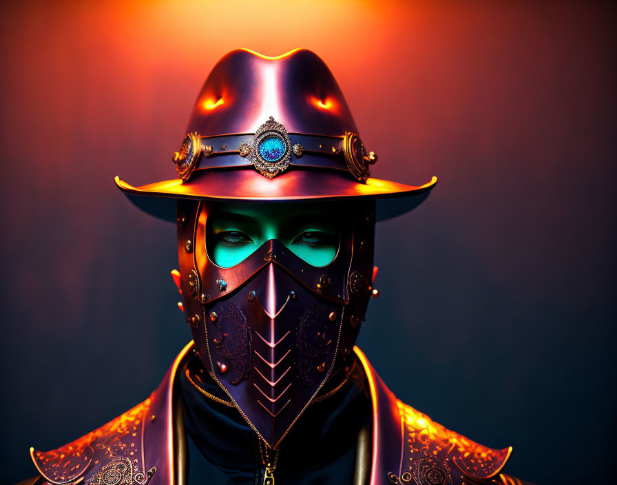 Ornate helmet and mask with glowing blue visor on warm gradient backdrop