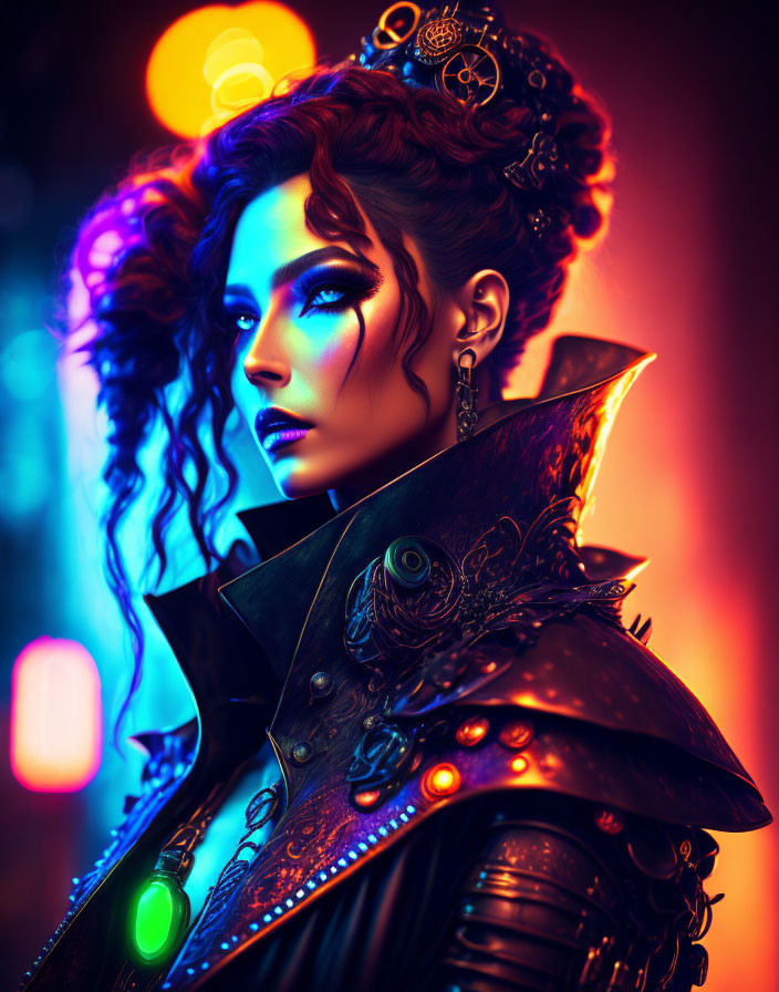 Vibrant portrait of a woman with fantasy makeup and attire on neon-lit background