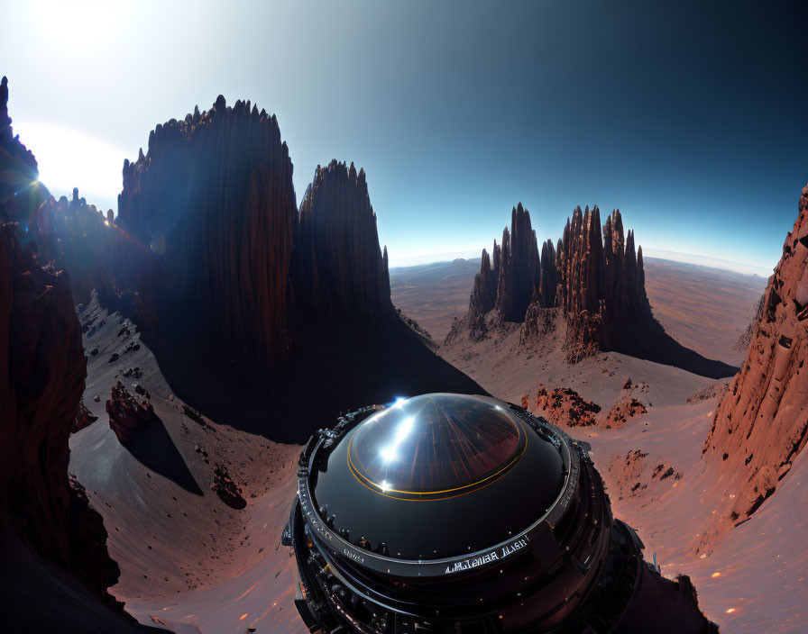 Majestic rock formations under blue sky with reflective sphere.